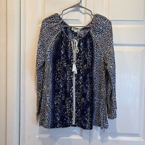 Blue Patterned Tanzara Tie Up Blouse - Size Large